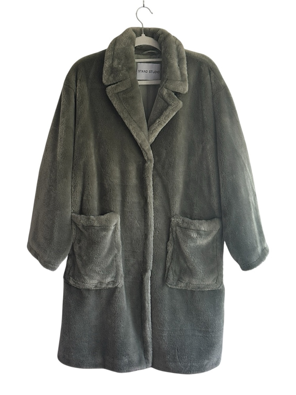 Stand Studio Faux Fur Reyna Coat Dusty Green Grey